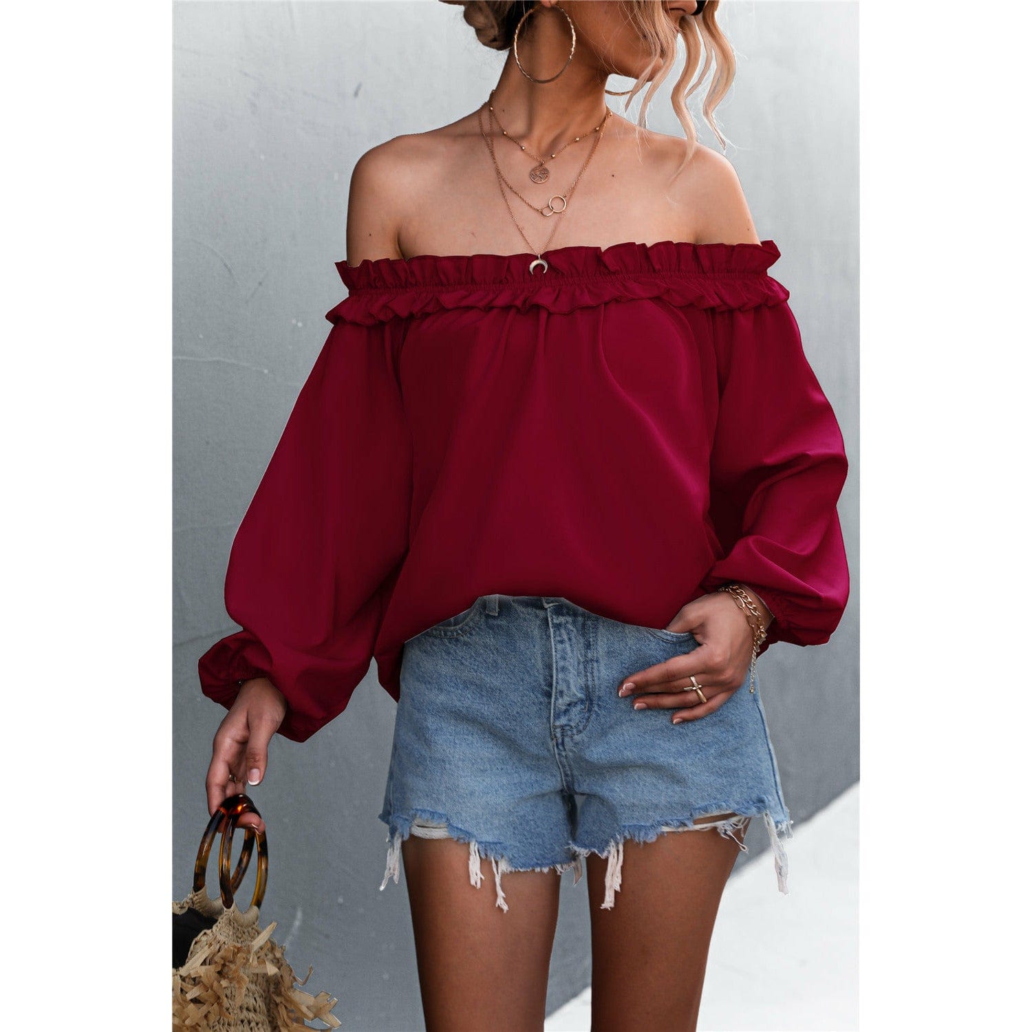 Frill Trim Off-Shoulder Balloon Sleeve Top - Body By J'ne