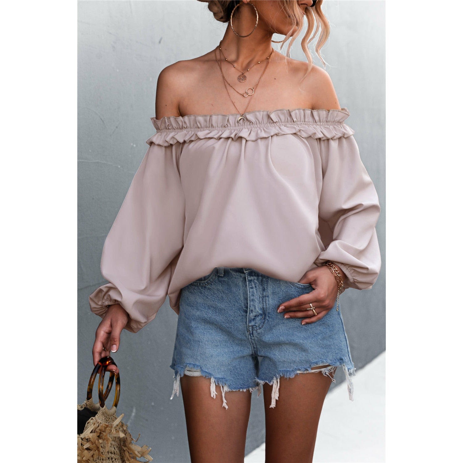 Frill Trim Off-Shoulder Balloon Sleeve Top - Body By J'ne