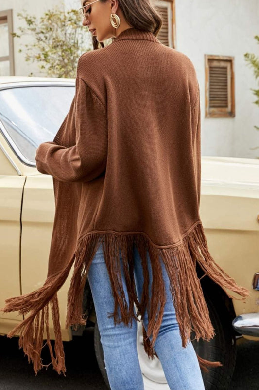 Fringe Hem Open Front Ribbed Trim Cardigan - Body By J'ne