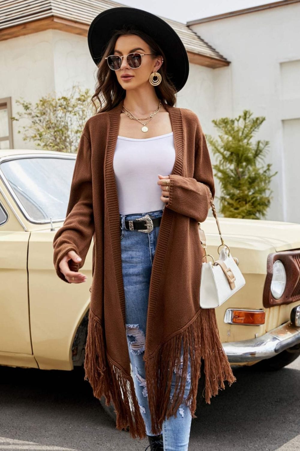 Fringe Hem Open Front Ribbed Trim Cardigan - Body By J'ne