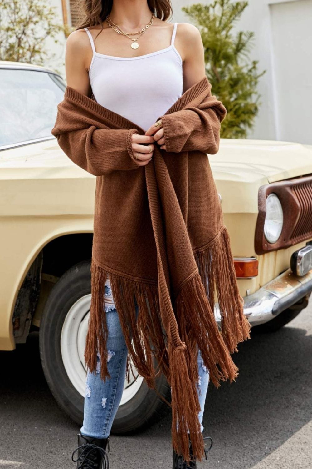 Fringe Hem Open Front Ribbed Trim Cardigan - Body By J'ne