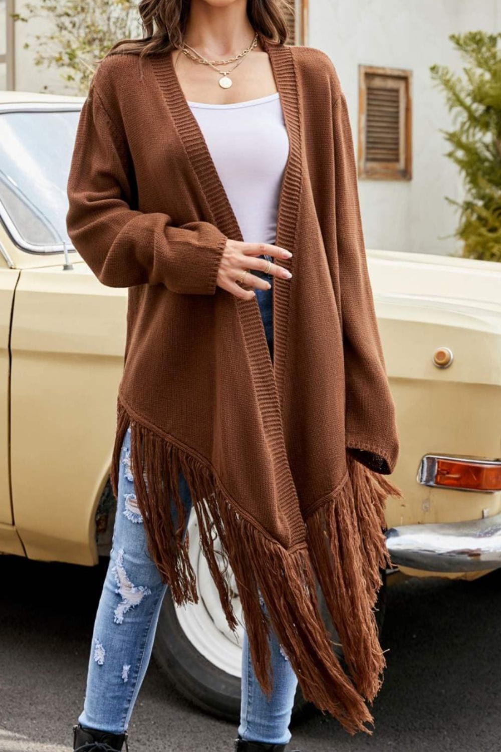 Fringe Hem Open Front Ribbed Trim Cardigan - Body By J'ne