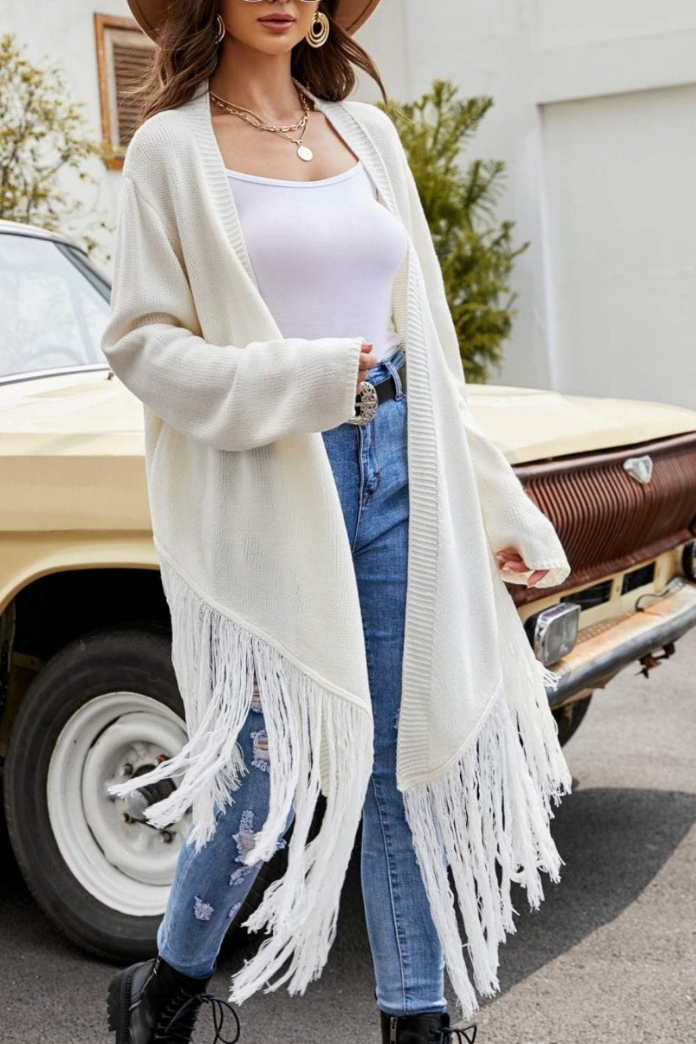 Fringe Hem Open Front Ribbed Trim Cardigan - Body By J'ne