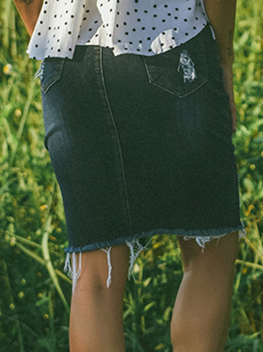 Full Size Distressed Slit Denim Skirt - Body By J'ne