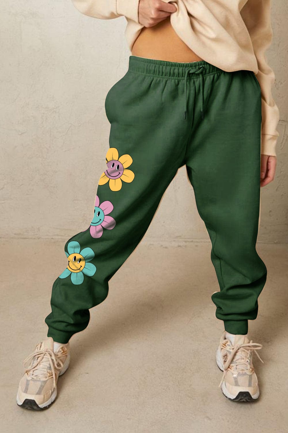 Full Size Drawstring Flower Graphic Long Sweatpants - Body By J'ne