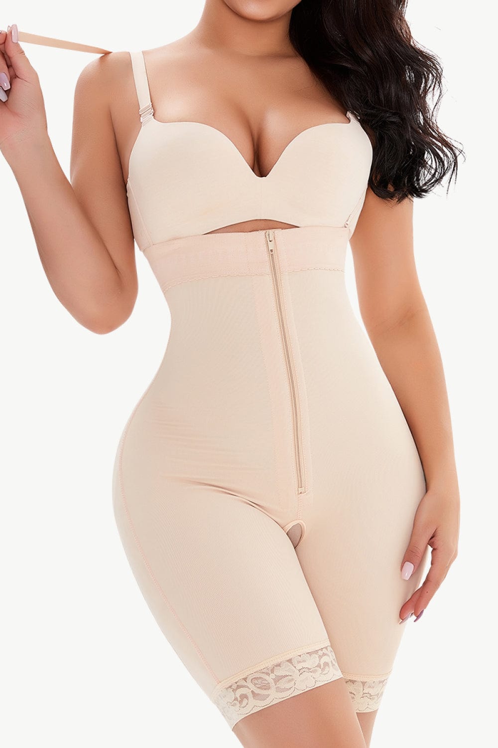 Full Size Lace Detail Zip-Up Under-Bust Shaping Bodysuit - Body By J'ne
