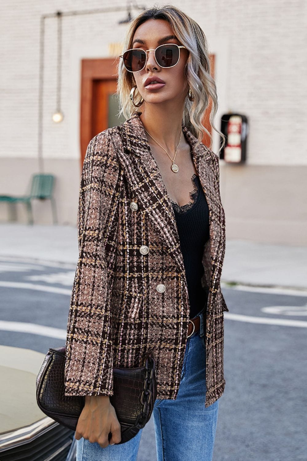 Full Size Plaid Buttoned Blazer - Body By J'ne