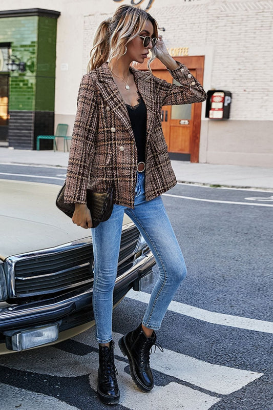 Full Size Plaid Buttoned Blazer - Body By J'ne