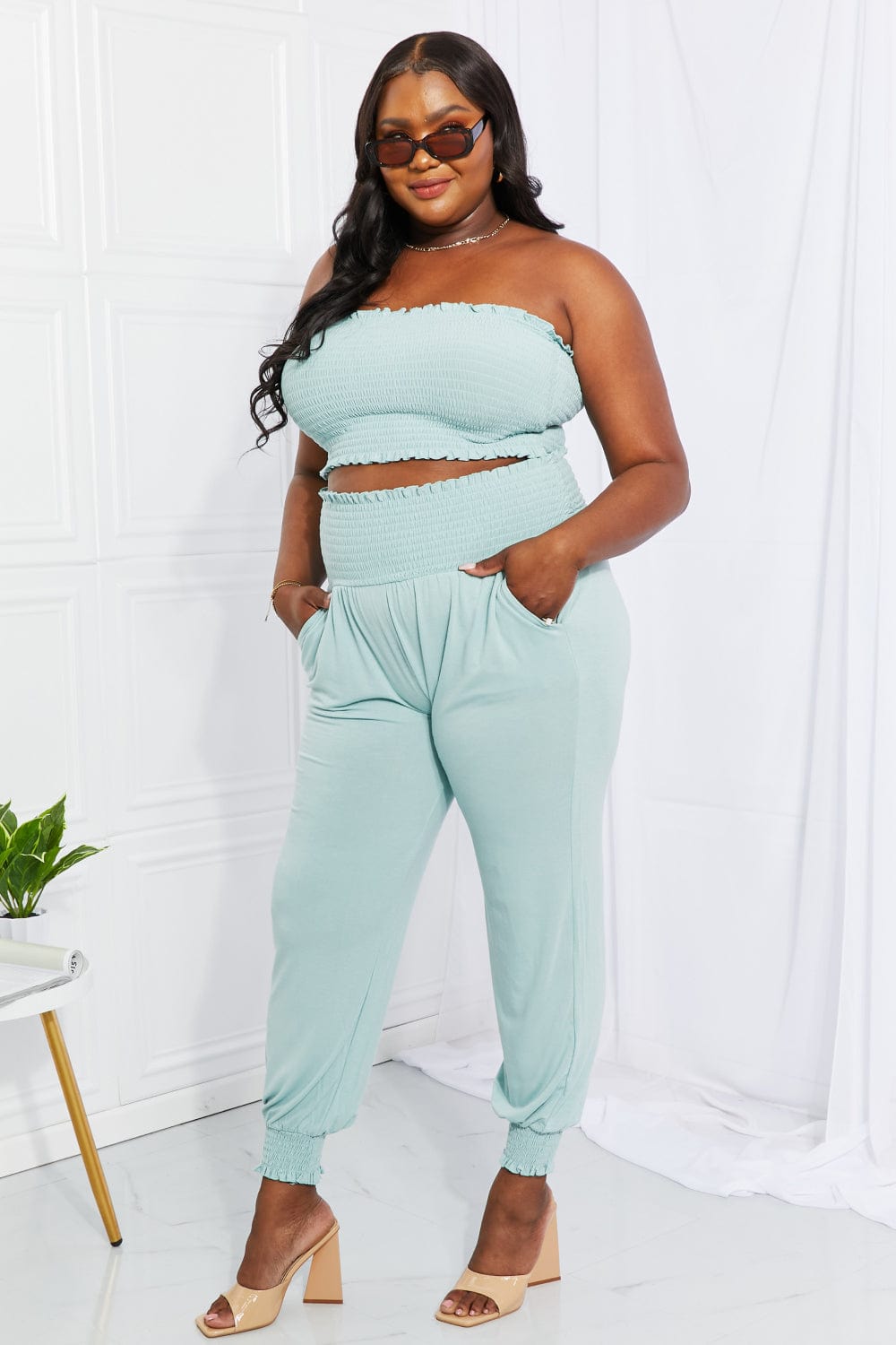 Full Size Stylish Comfort Smocked Tube Top & Joggers Set - Body By J'ne