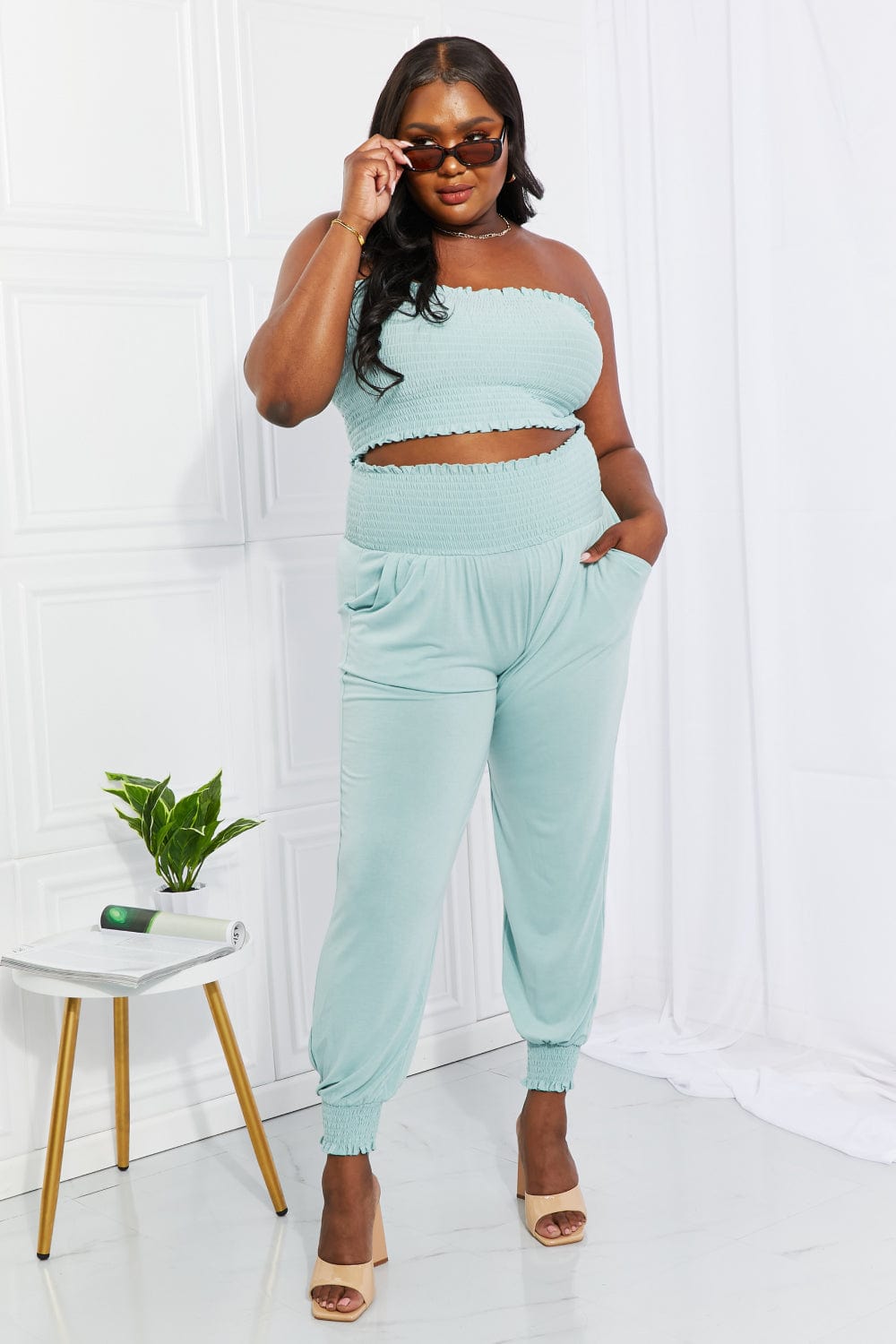 Full Size Stylish Comfort Smocked Tube Top & Joggers Set - Body By J'ne