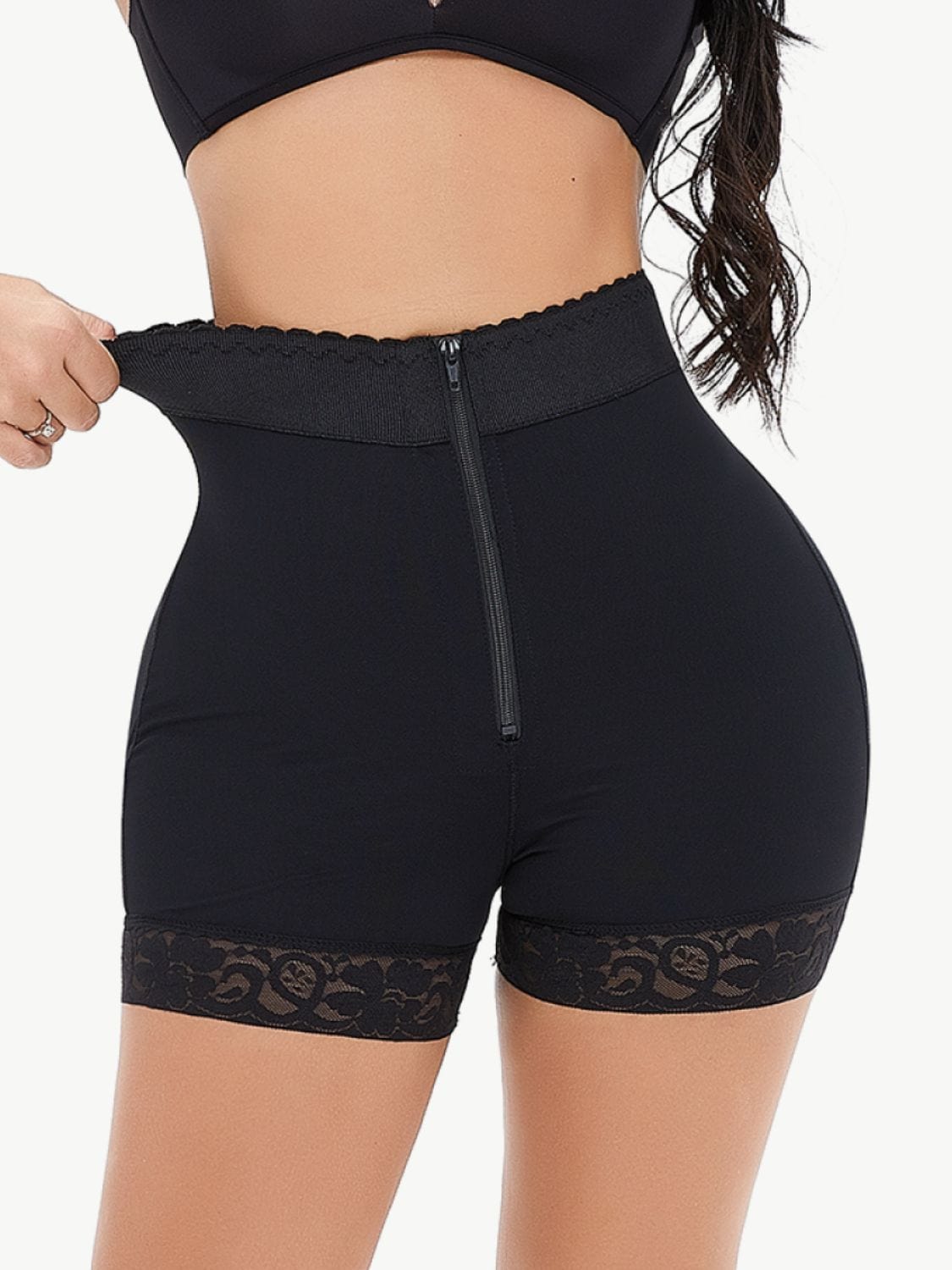 Full Size Zip-Up Lace Trim Shaping Shorts - Body By J'ne