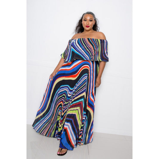 Geo Printed Off Shoulder Pleated Maxi Dress - Body By J'ne