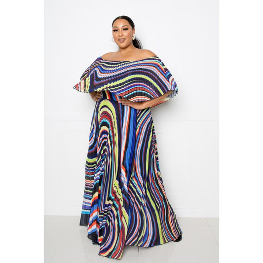 Geo Printed Off Shoulder Pleated Maxi Dress - Body By J'ne