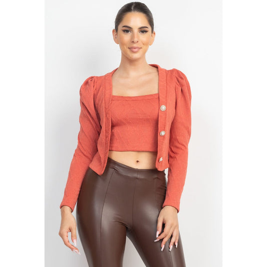 Geometric Cami Puff Sleeves Blazer Top Set - Body By J'ne