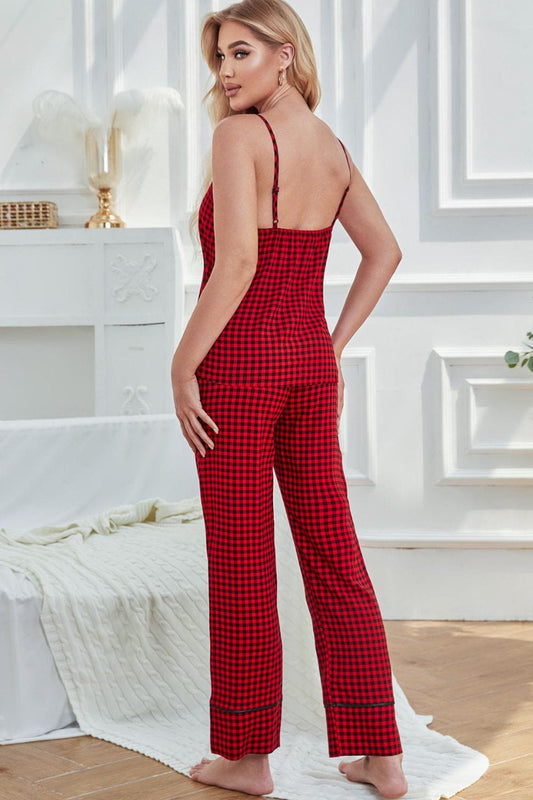 Gingham V-Neck Cami and Tied Pants Lounge Set - Body By J'ne