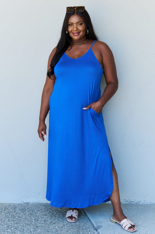 Good Energy Full Size Cami Side Slit Maxi Dress in Royal Blue - Body By J'ne