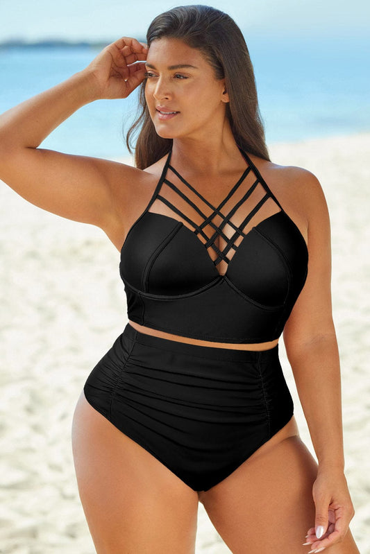 Halter Neck Crisscross Ruched Two-Piece Swimsuit - Body By J'ne