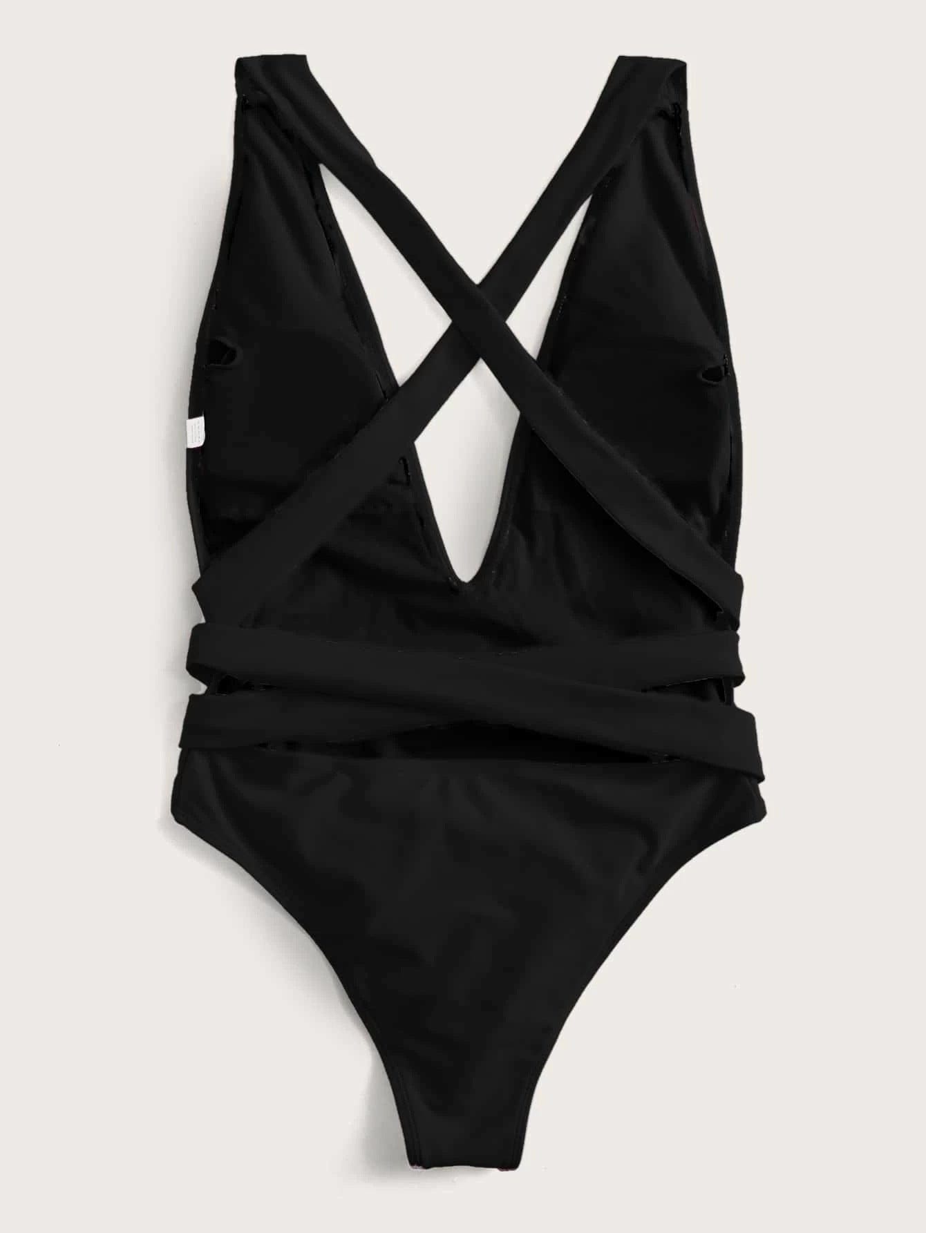 Halter Neck Deep V Tied One-Piece Swimsuit - Body By J'ne