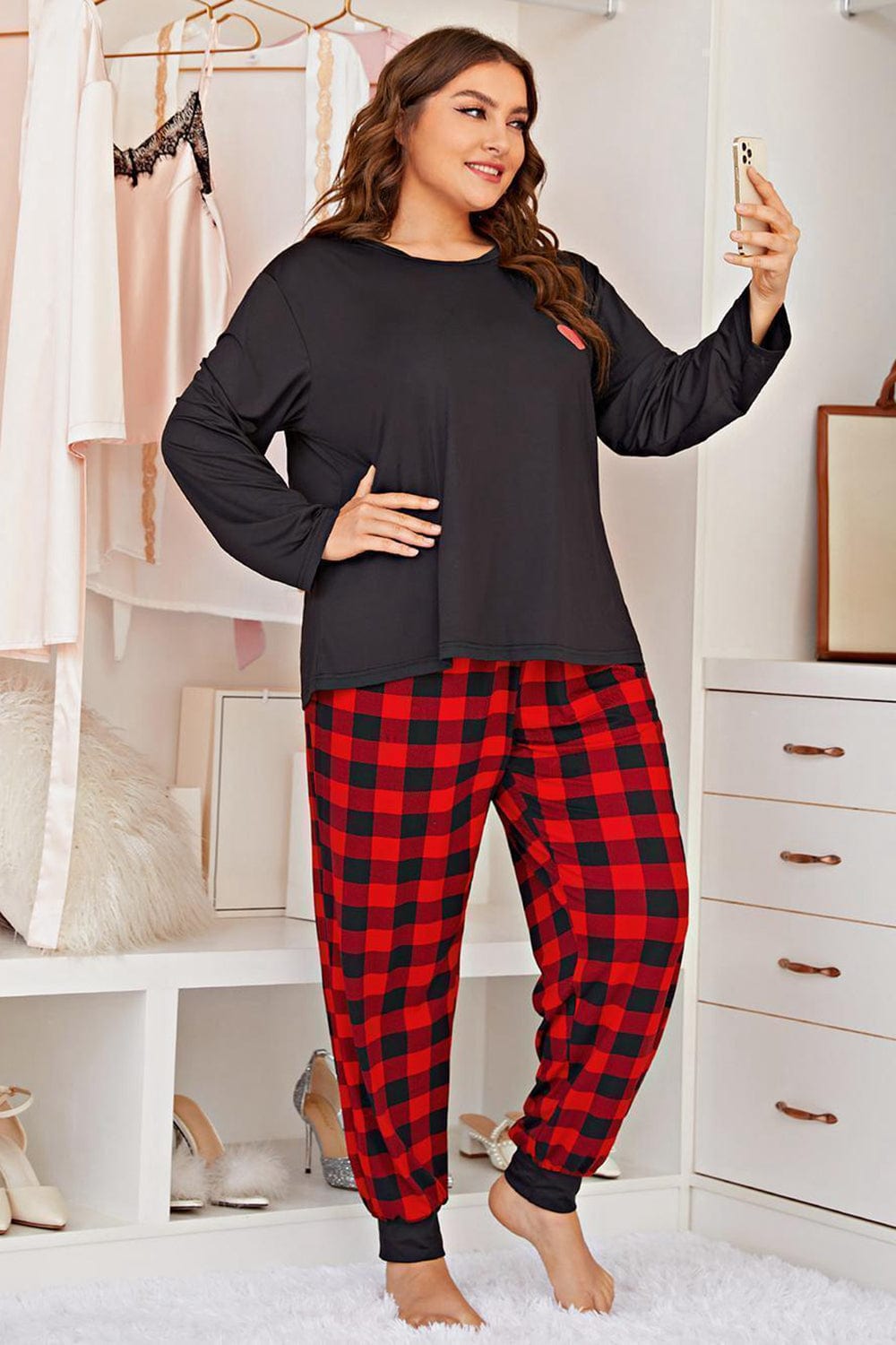 Heart Graphic Top and Plaid Joggers Lounge Set - Body By J'ne