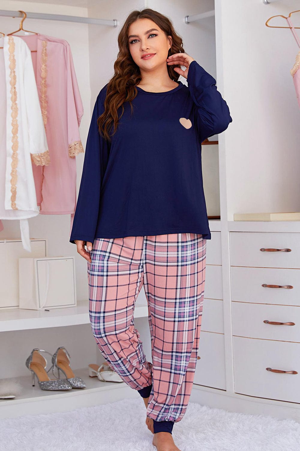 Heart Graphic Top and Plaid Joggers Lounge Set - Body By J'ne