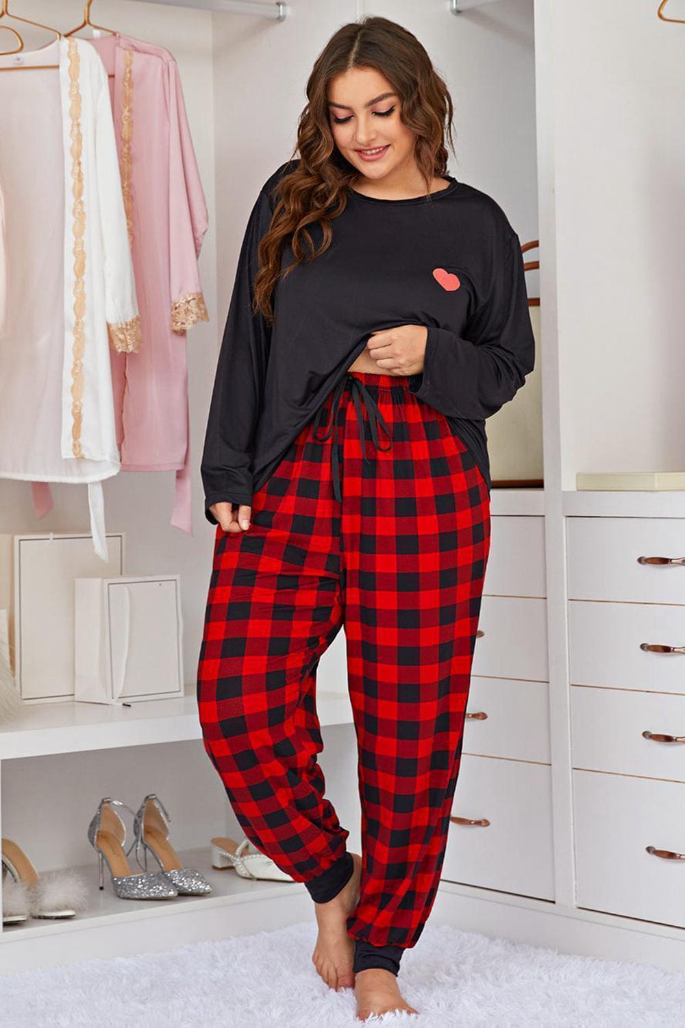 Heart Graphic Top and Plaid Joggers Lounge Set - Body By J'ne