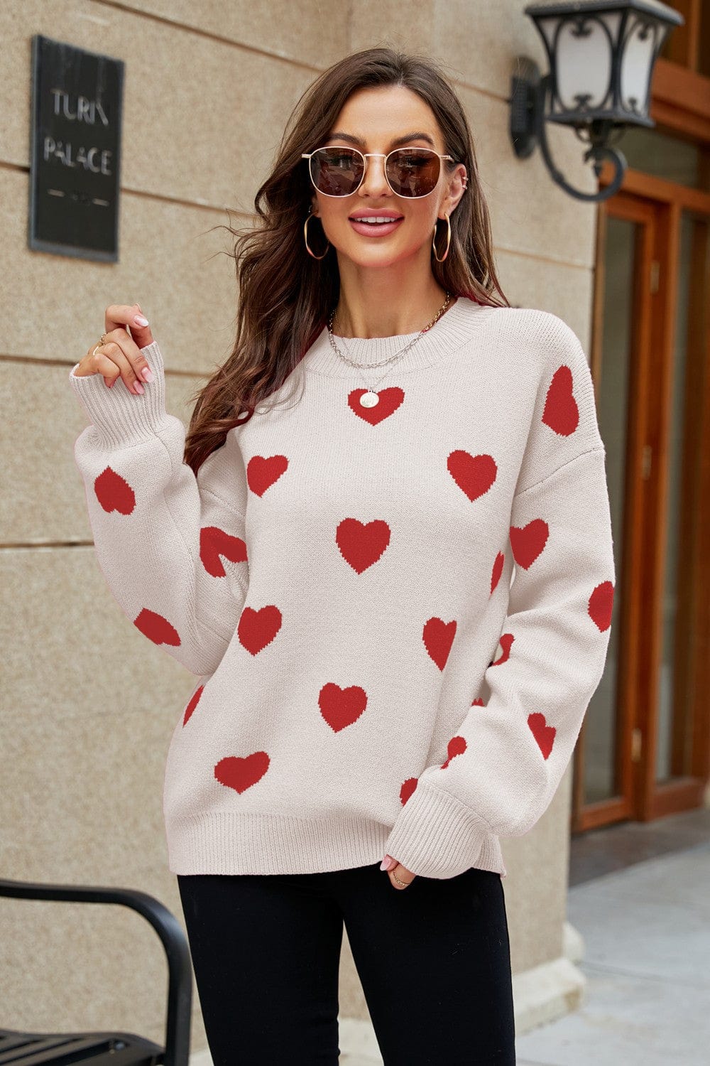 Heart Pattern Lantern Sleeve Round Neck Tunic Sweater - Body By J'ne