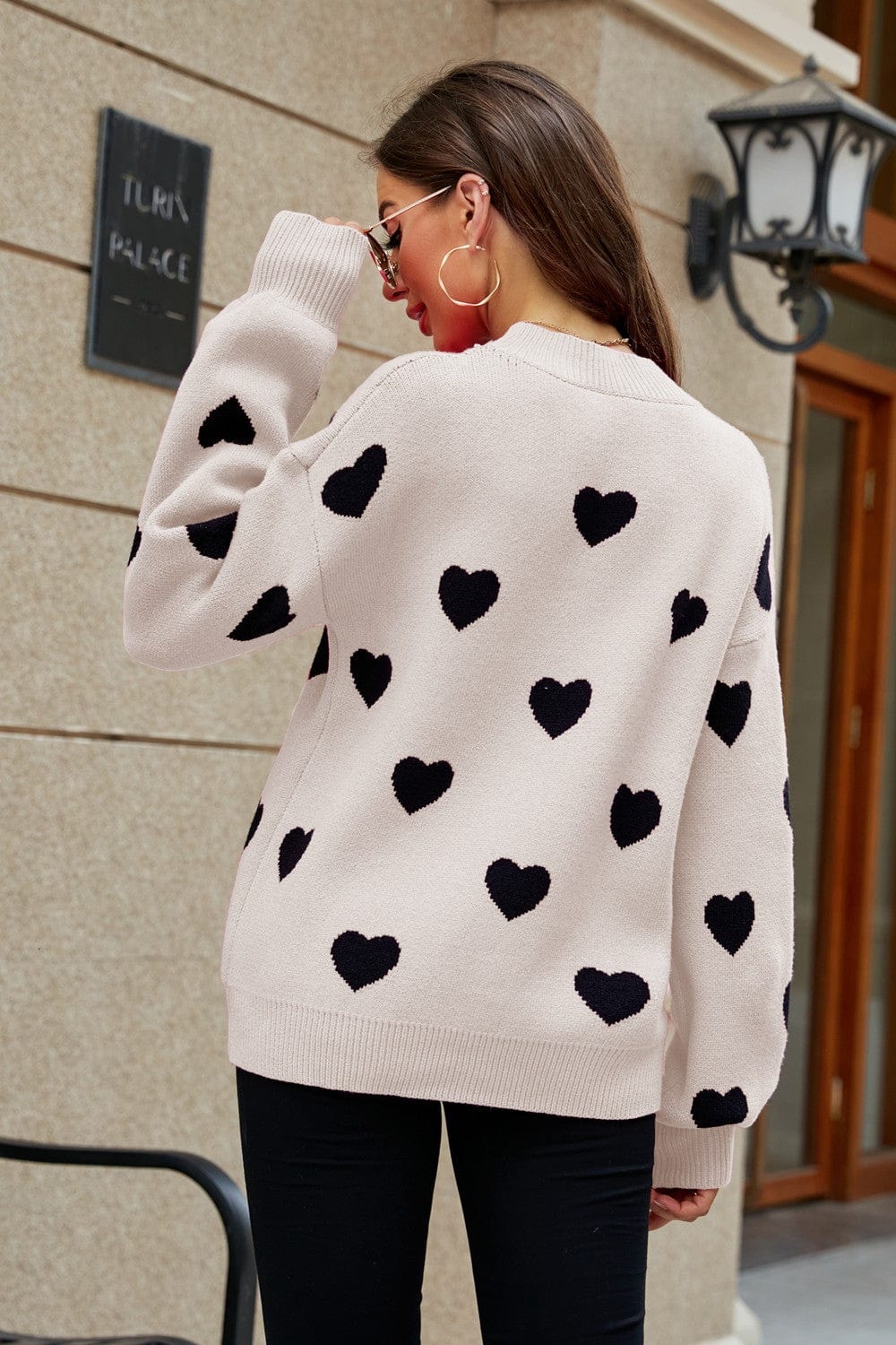Heart Pattern Lantern Sleeve Round Neck Tunic Sweater - Body By J'ne