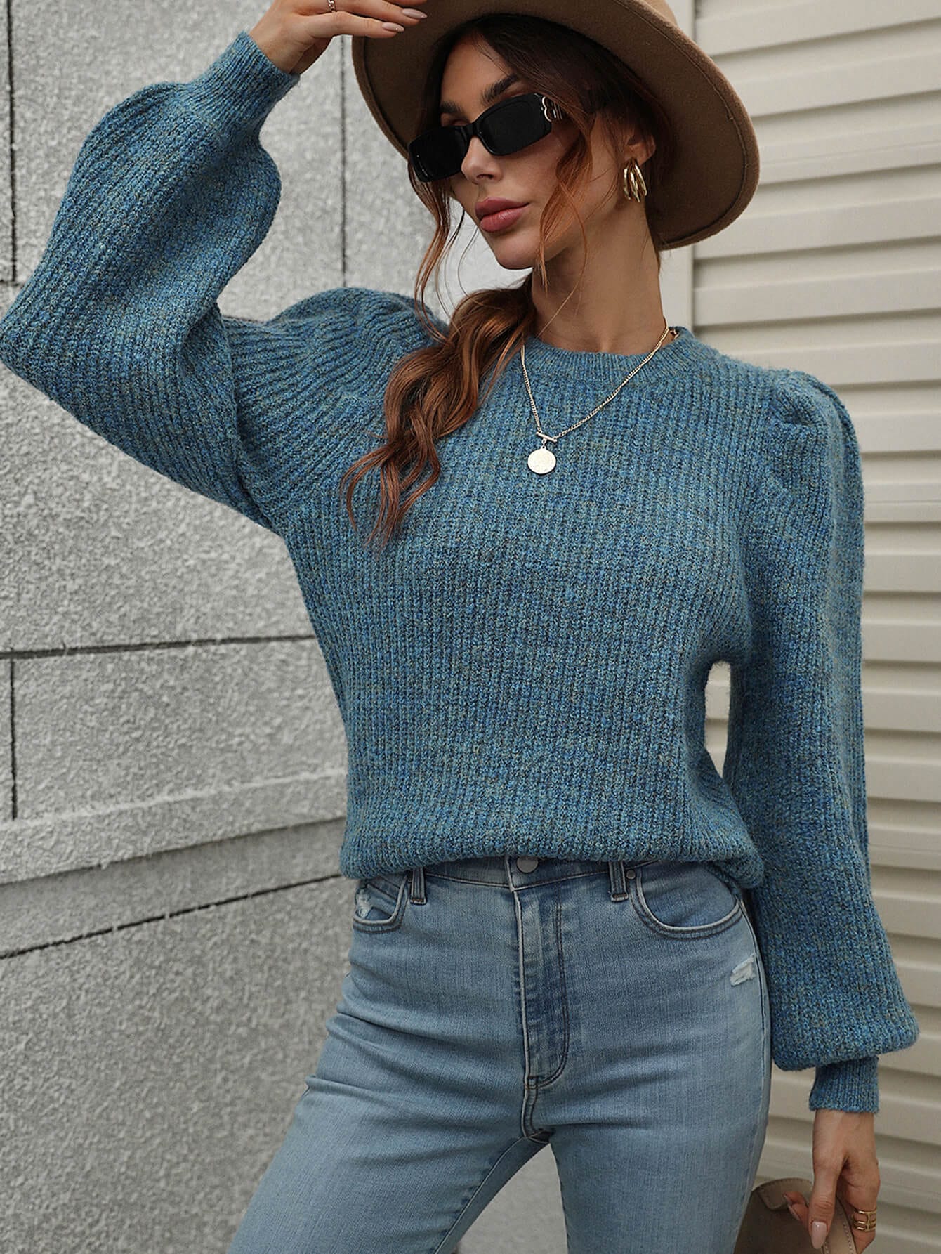 Heathered Long Lantern Sleeve Rib-Knit Sweater - Body By J'ne