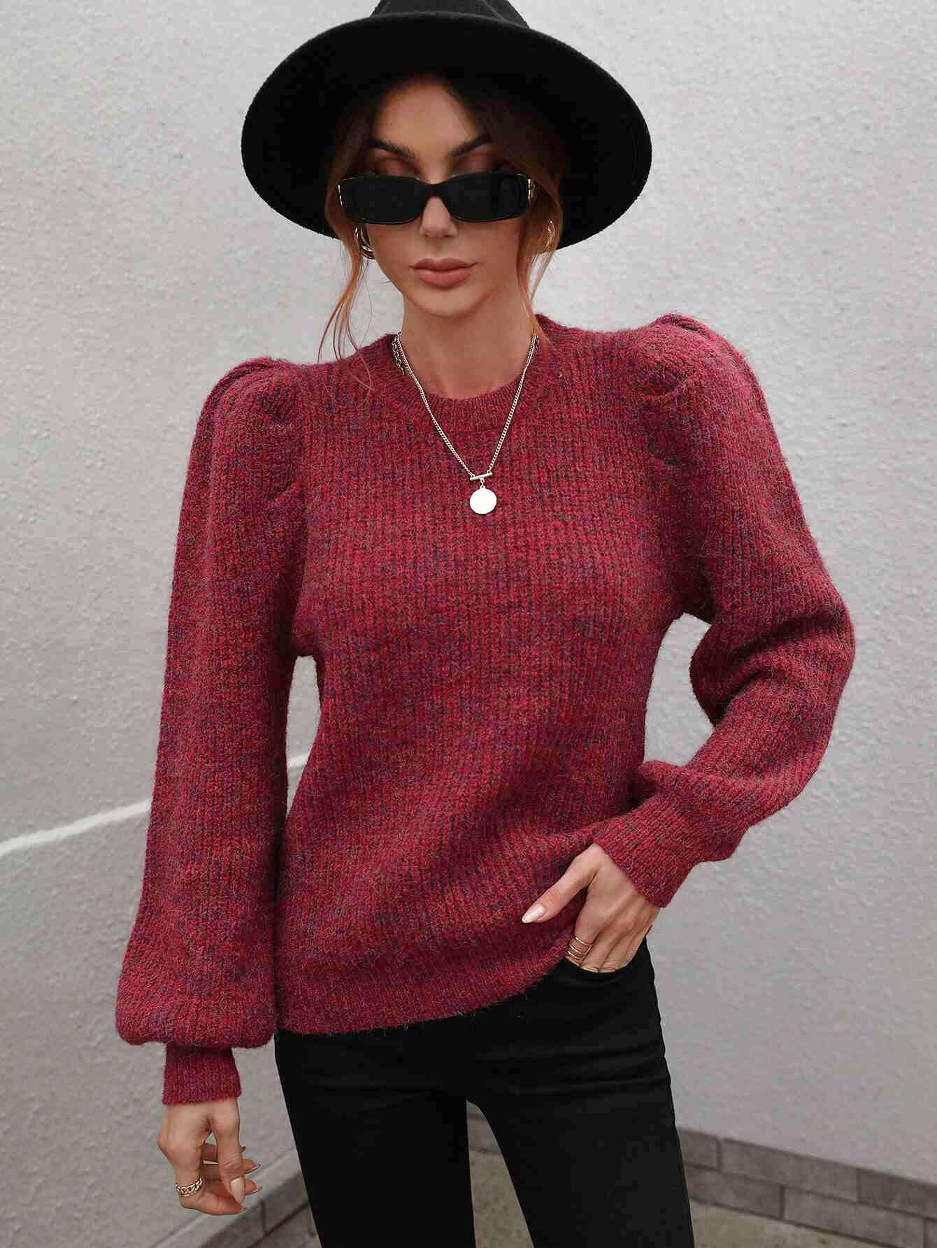 Heathered Long Lantern Sleeve Rib-Knit Sweater - Body By J'ne