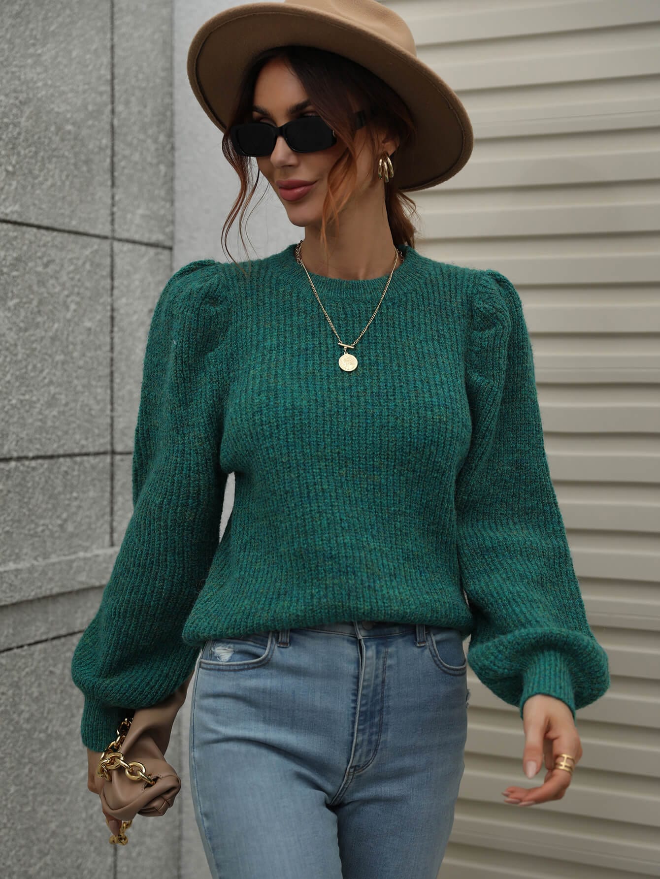 Heathered Long Lantern Sleeve Rib-Knit Sweater - Body By J'ne