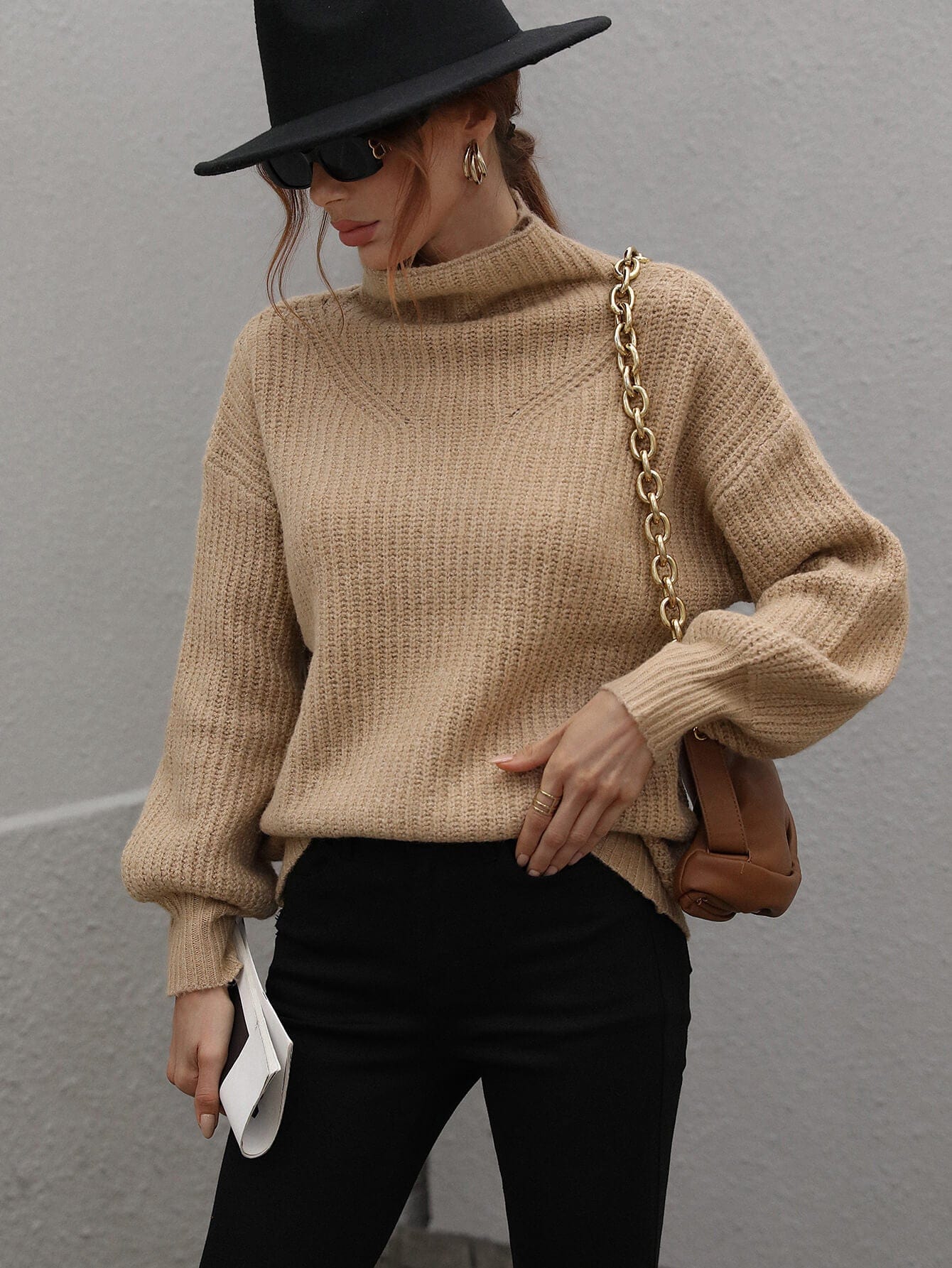 High Neck Balloon Sleeve Rib-Knit Pullover Sweater - Body By J'ne