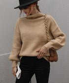 High Neck Balloon Sleeve Rib-Knit Pullover Sweater - Body By J'ne