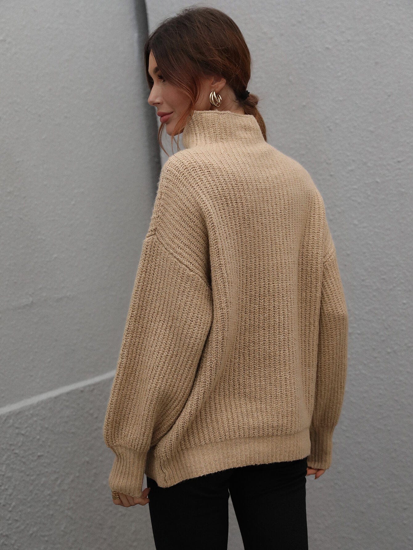 High Neck Balloon Sleeve Rib-Knit Pullover Sweater - Body By J'ne