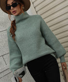 High Neck Balloon Sleeve Rib-Knit Pullover Sweater - Body By J'ne