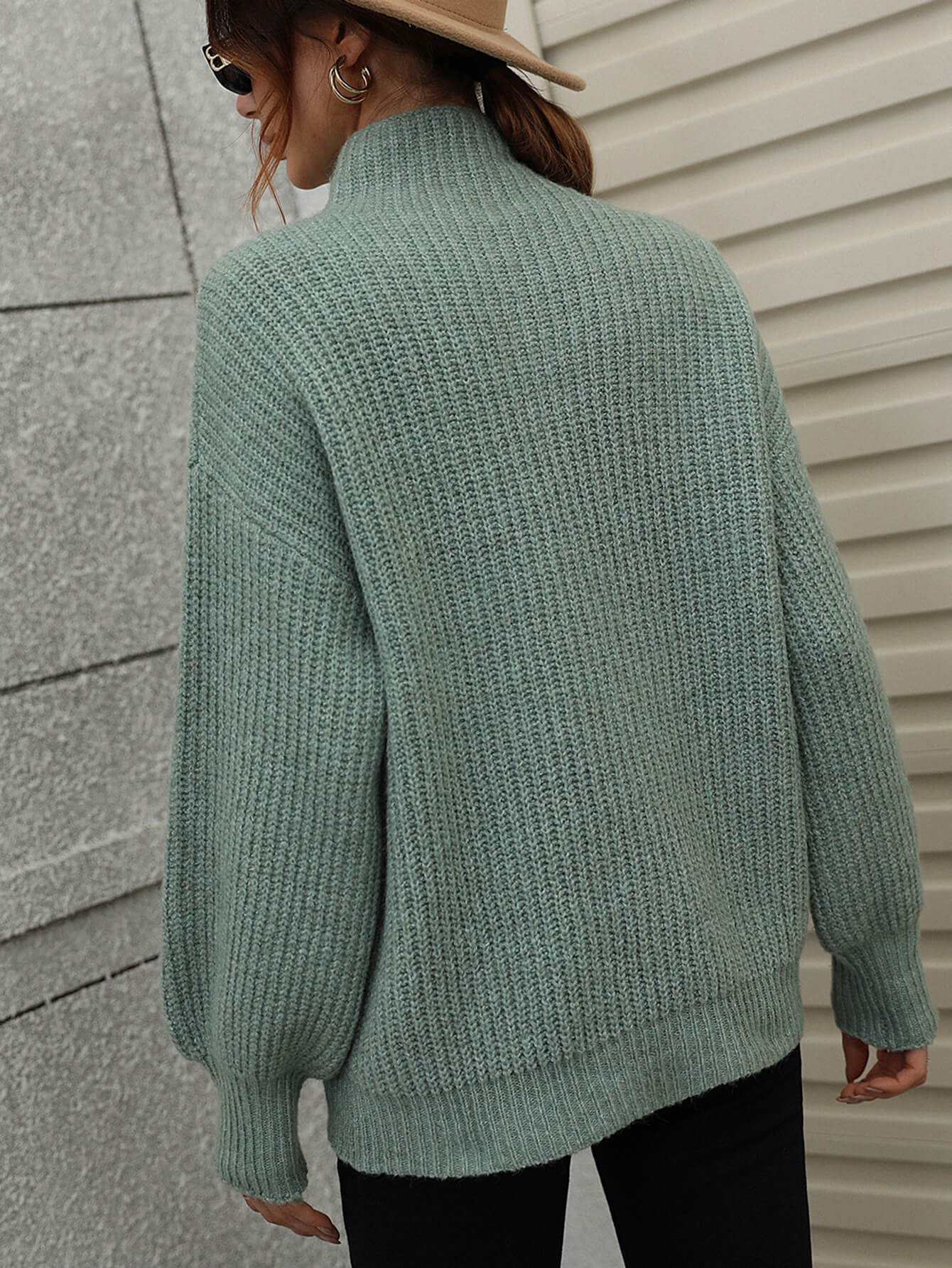 High Neck Balloon Sleeve Rib-Knit Pullover Sweater - Body By J'ne