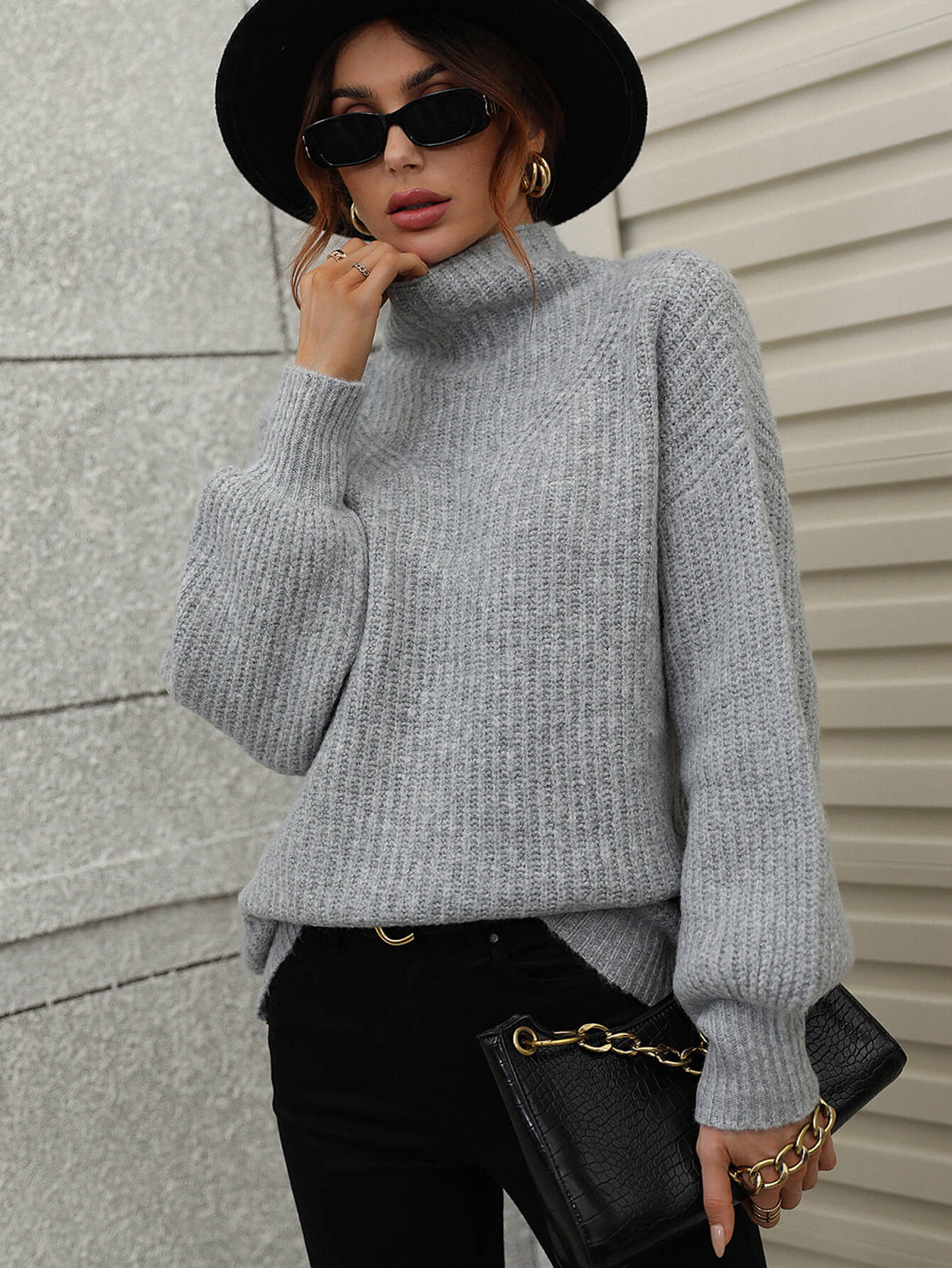 High Neck Balloon Sleeve Rib-Knit Pullover Sweater - Body By J'ne