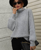 High Neck Balloon Sleeve Rib-Knit Pullover Sweater - Body By J'ne