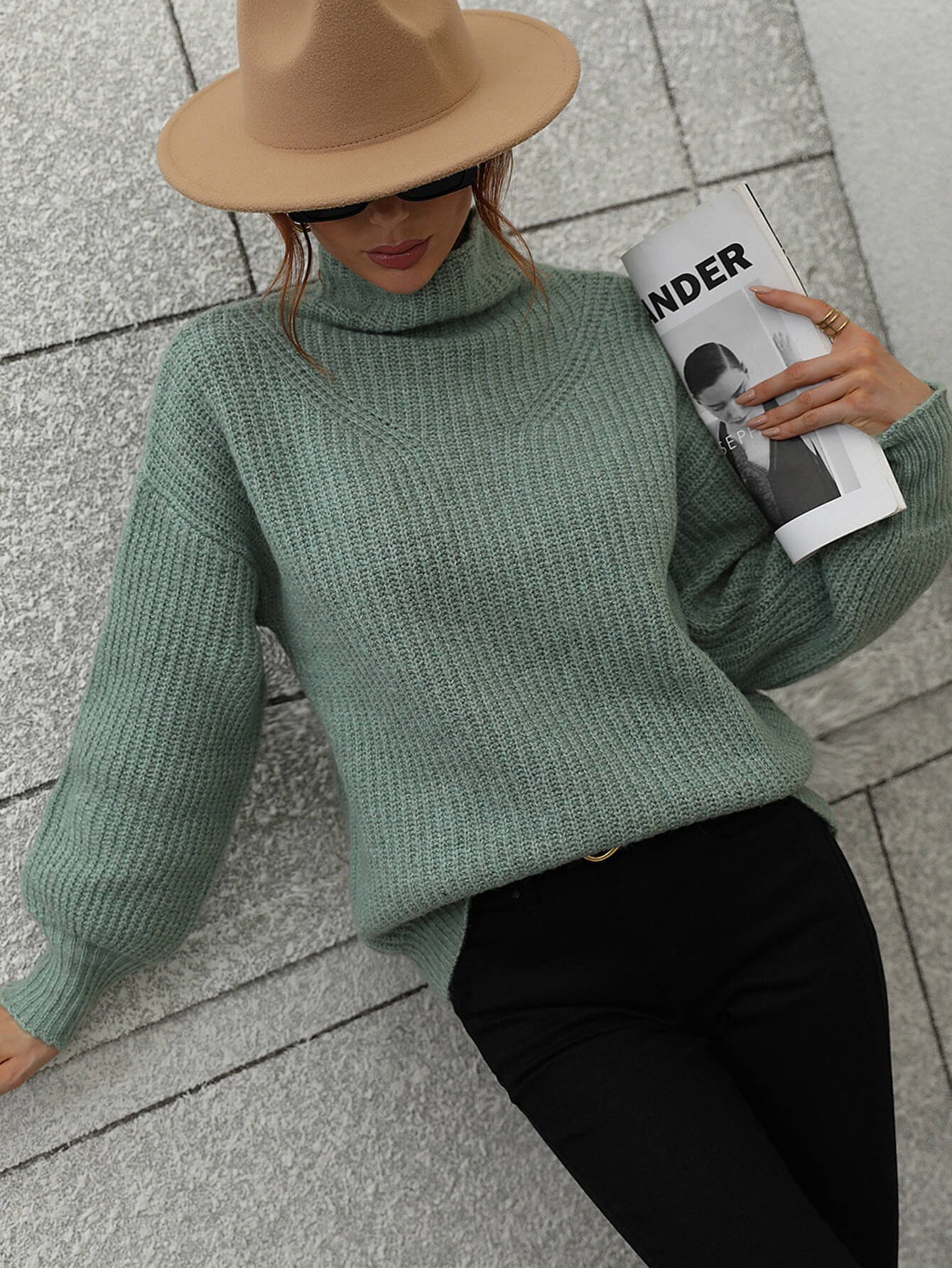 High Neck Balloon Sleeve Rib-Knit Pullover Sweater - Body By J'ne