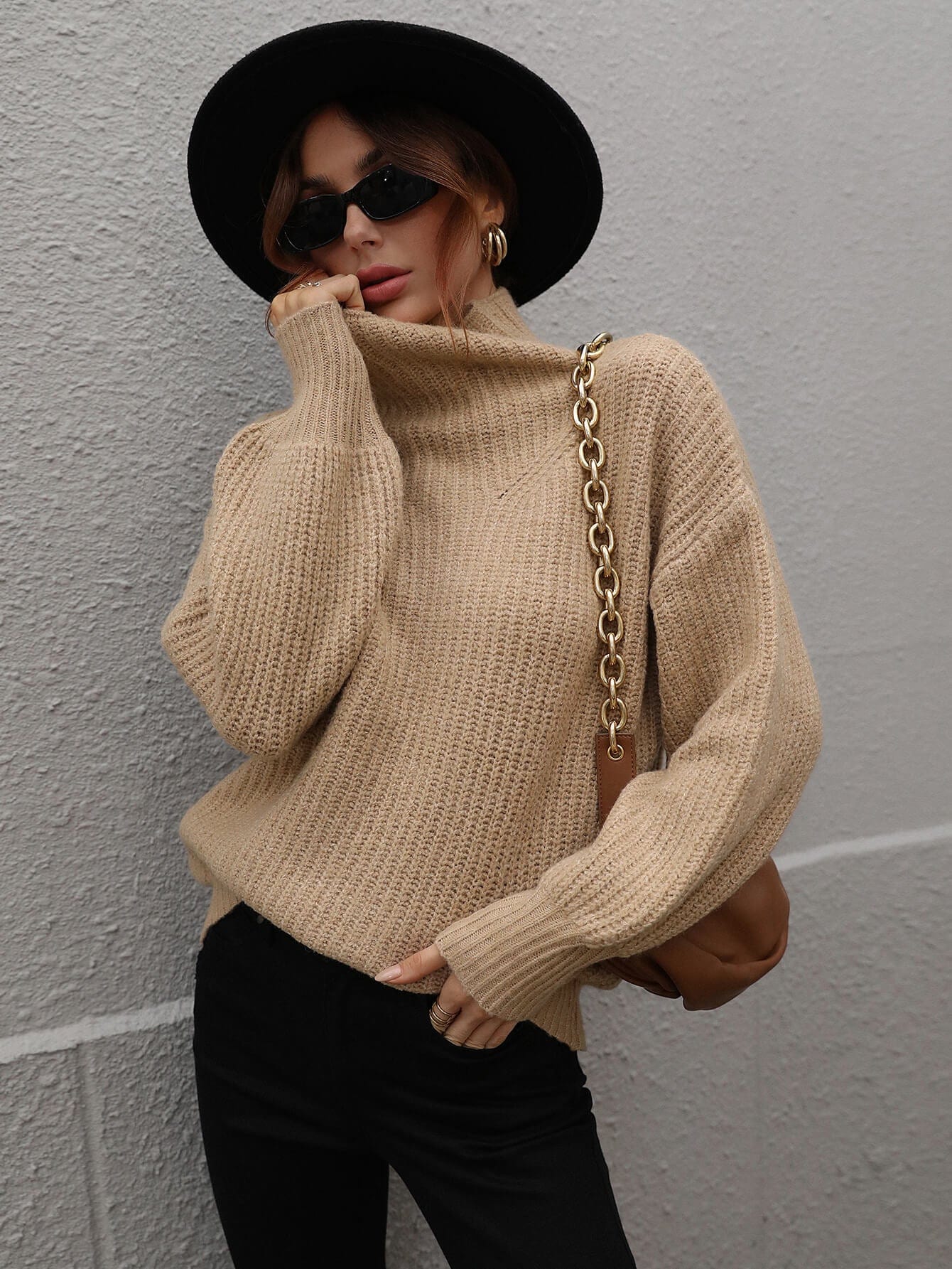 High Neck Balloon Sleeve Rib-Knit Pullover Sweater - Body By J'ne