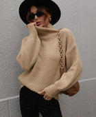 High Neck Balloon Sleeve Rib-Knit Pullover Sweater - Body By J'ne