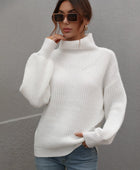 High Neck Balloon Sleeve Rib-Knit Pullover Sweater - Body By J'ne