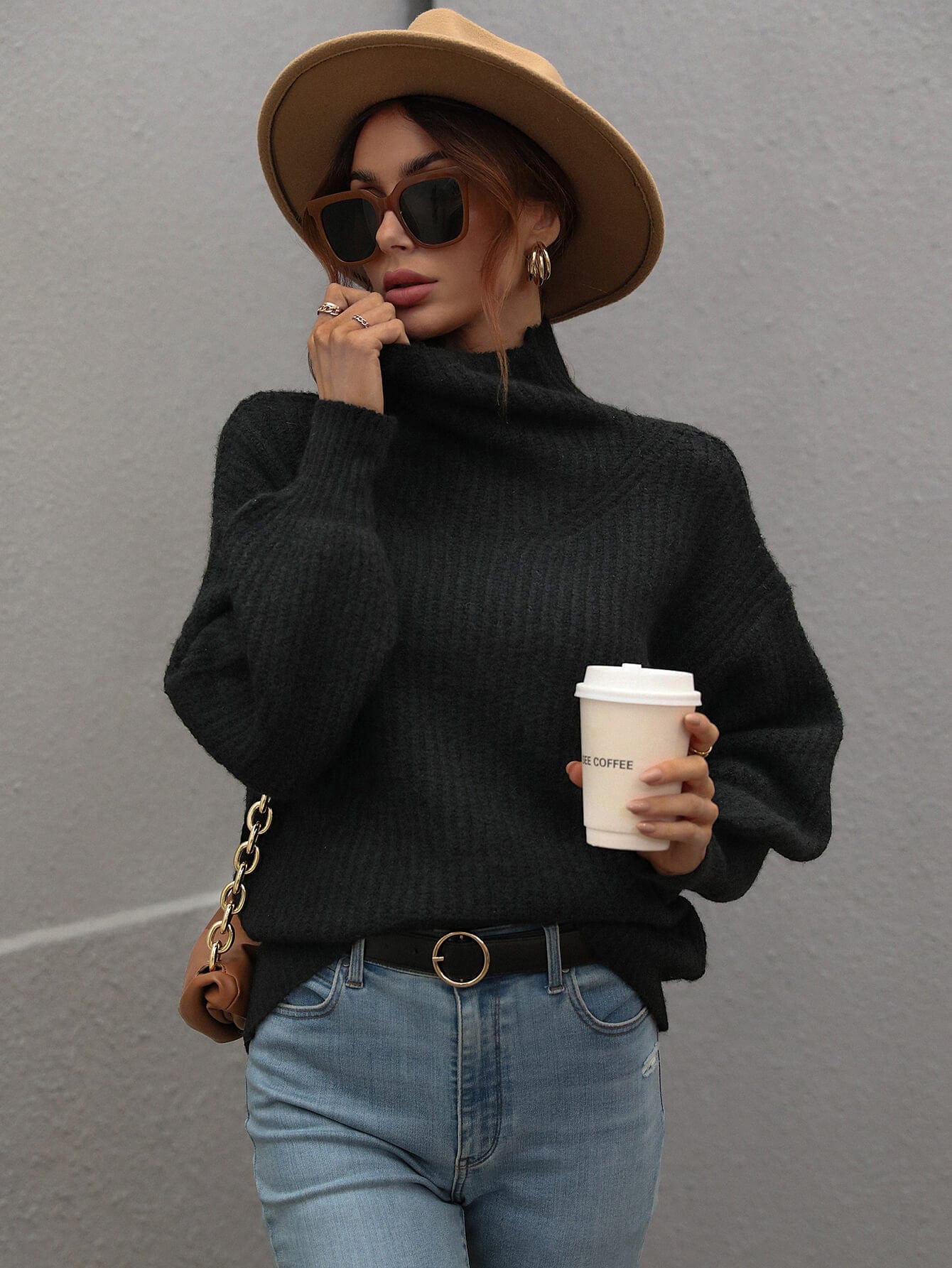 High Neck Balloon Sleeve Rib-Knit Pullover Sweater - Body By J'ne