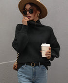 High Neck Balloon Sleeve Rib-Knit Pullover Sweater - Body By J'ne