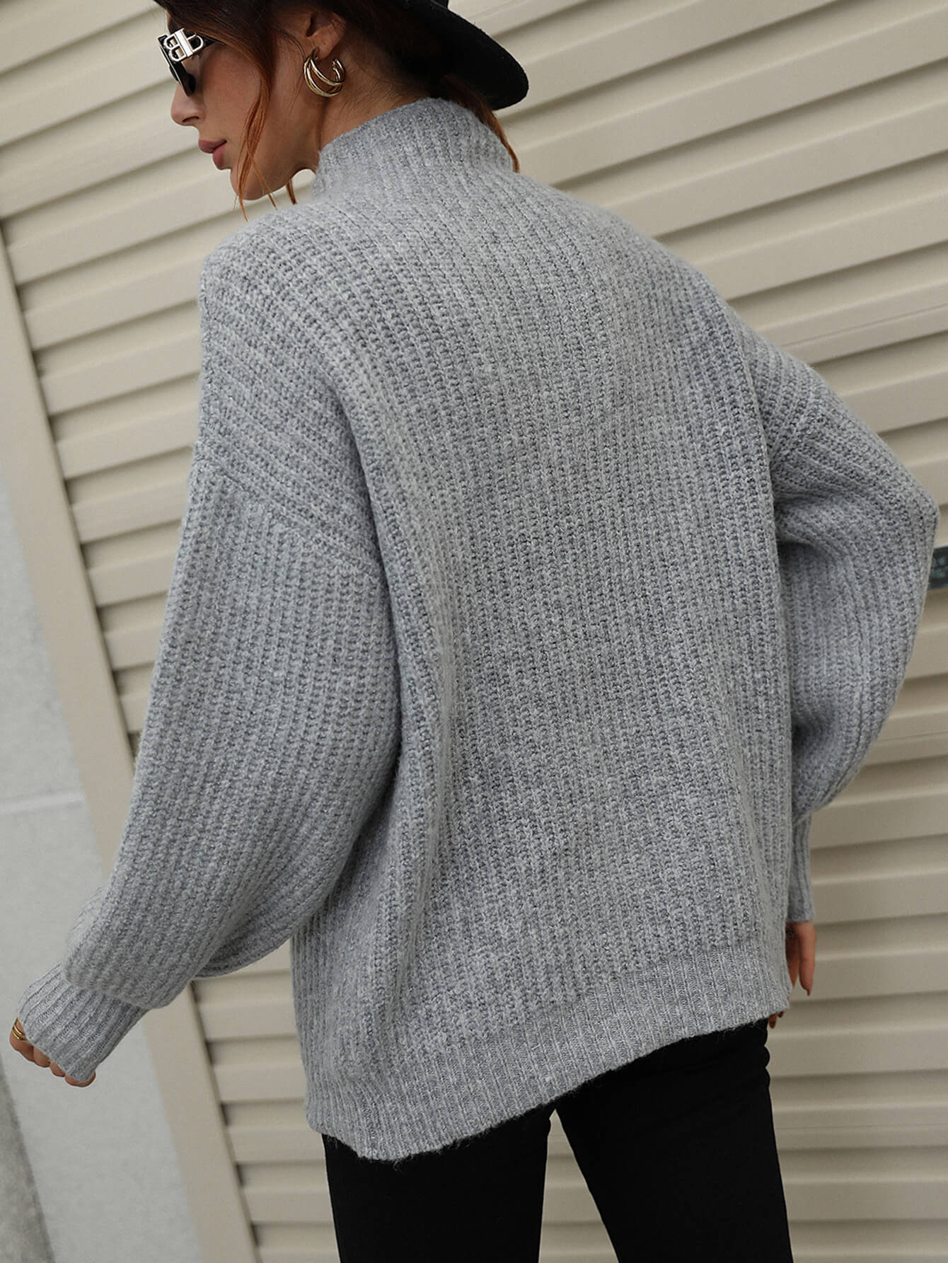 High Neck Balloon Sleeve Rib-Knit Pullover Sweater - Body By J'ne