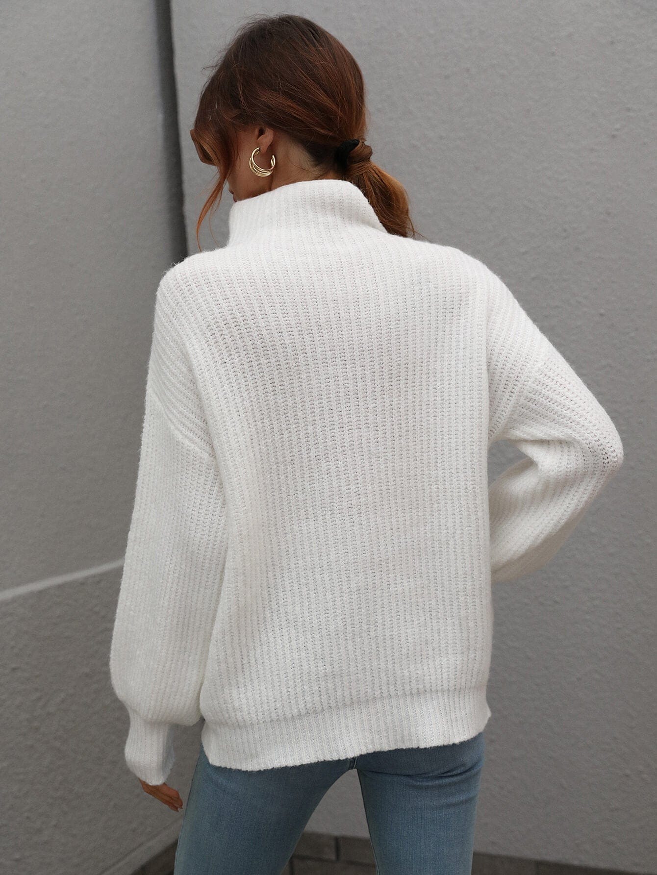 High Neck Balloon Sleeve Rib-Knit Pullover Sweater - Body By J'ne