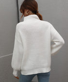 High Neck Balloon Sleeve Rib-Knit Pullover Sweater - Body By J'ne