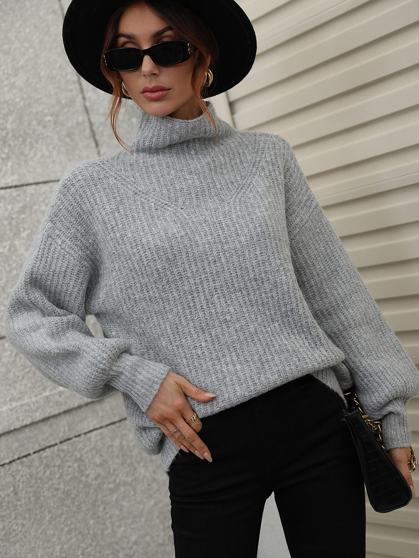 High Neck Balloon Sleeve Rib-Knit Pullover Sweater - Body By J'ne