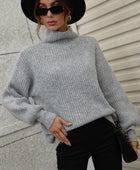 High Neck Balloon Sleeve Rib-Knit Pullover Sweater - Body By J'ne