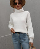 High Neck Balloon Sleeve Rib-Knit Pullover Sweater - Body By J'ne