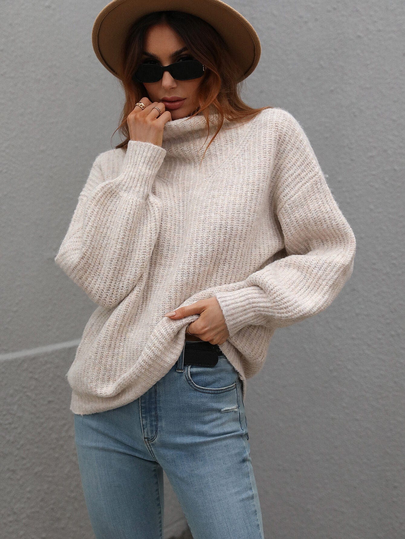 High Neck Balloon Sleeve Rib-Knit Pullover Sweater - Body By J'ne